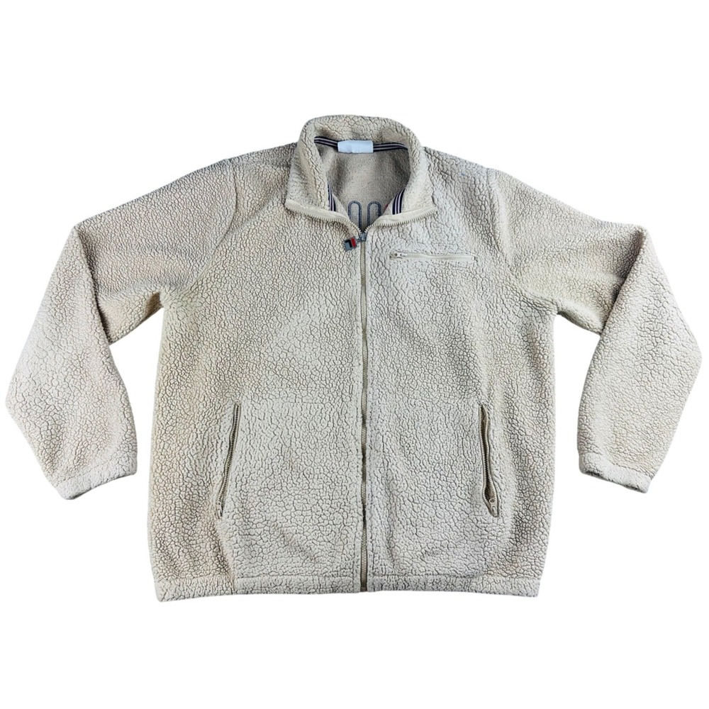 Fila Sherpa Jacket Men L Beige Full Zip Back Big Logo Patch Fleece Polyester